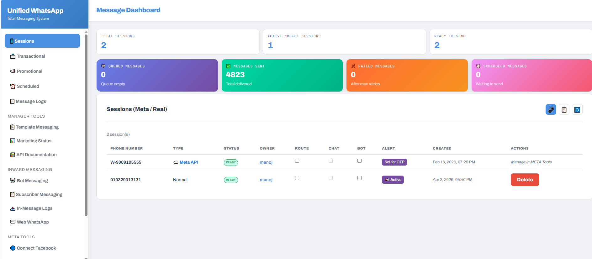 WhatsApp API Server dashboard